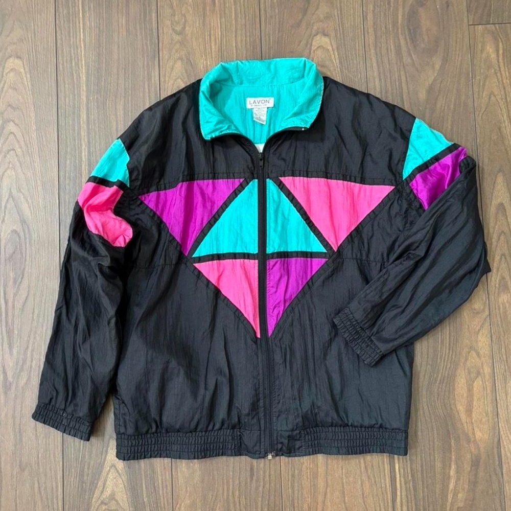 Vintage Lavon 80’s Teal black and pink neon Colorblock windbreaker